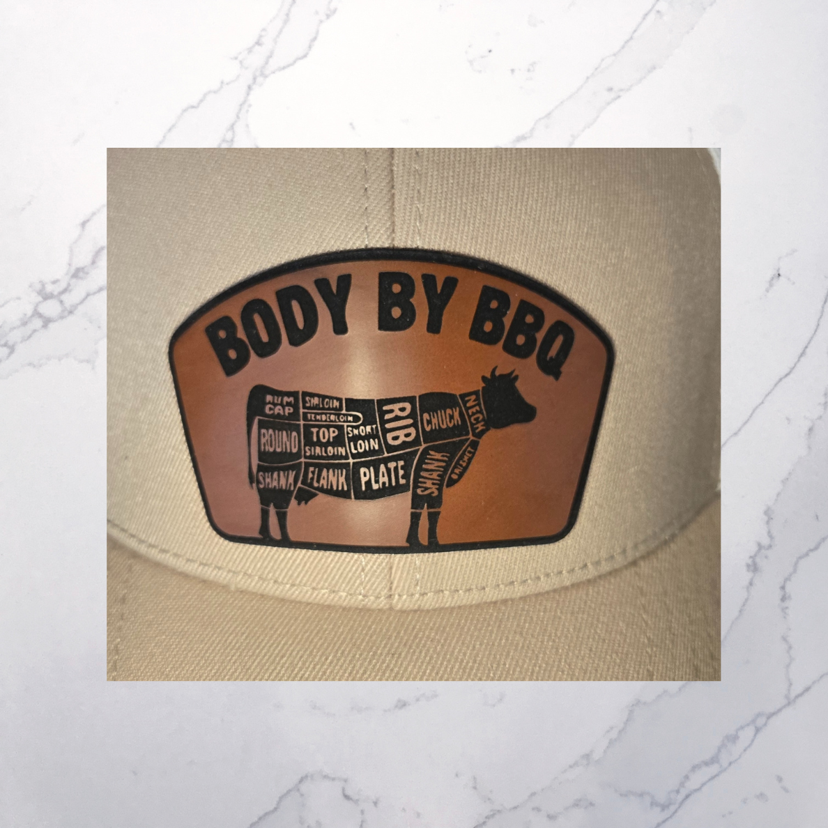 OTTO FLEX FIT L/XL 6 PANEL TRUCKER HAT WITH A BEEF BODY BY BBQ PATCH