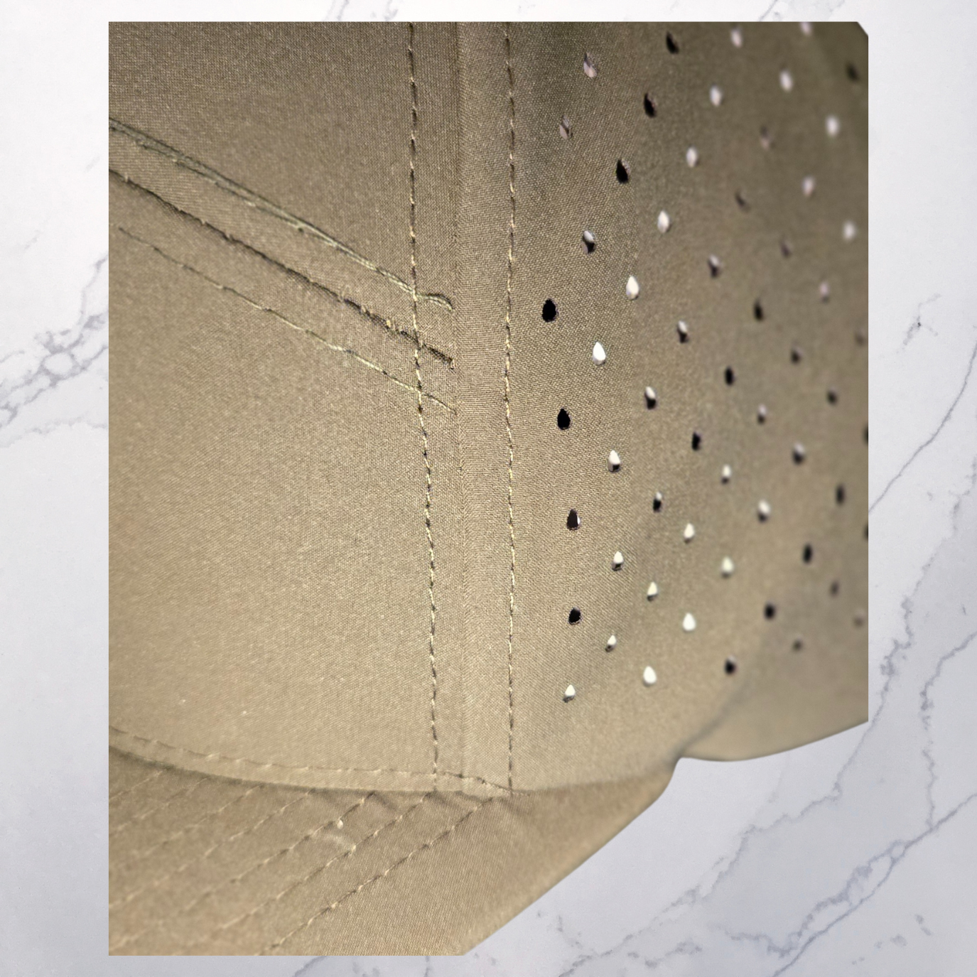 7 Panel Perforated Hat Laser Vented Cap With a Brown Patch Engraved With "Take The Long Way Home"