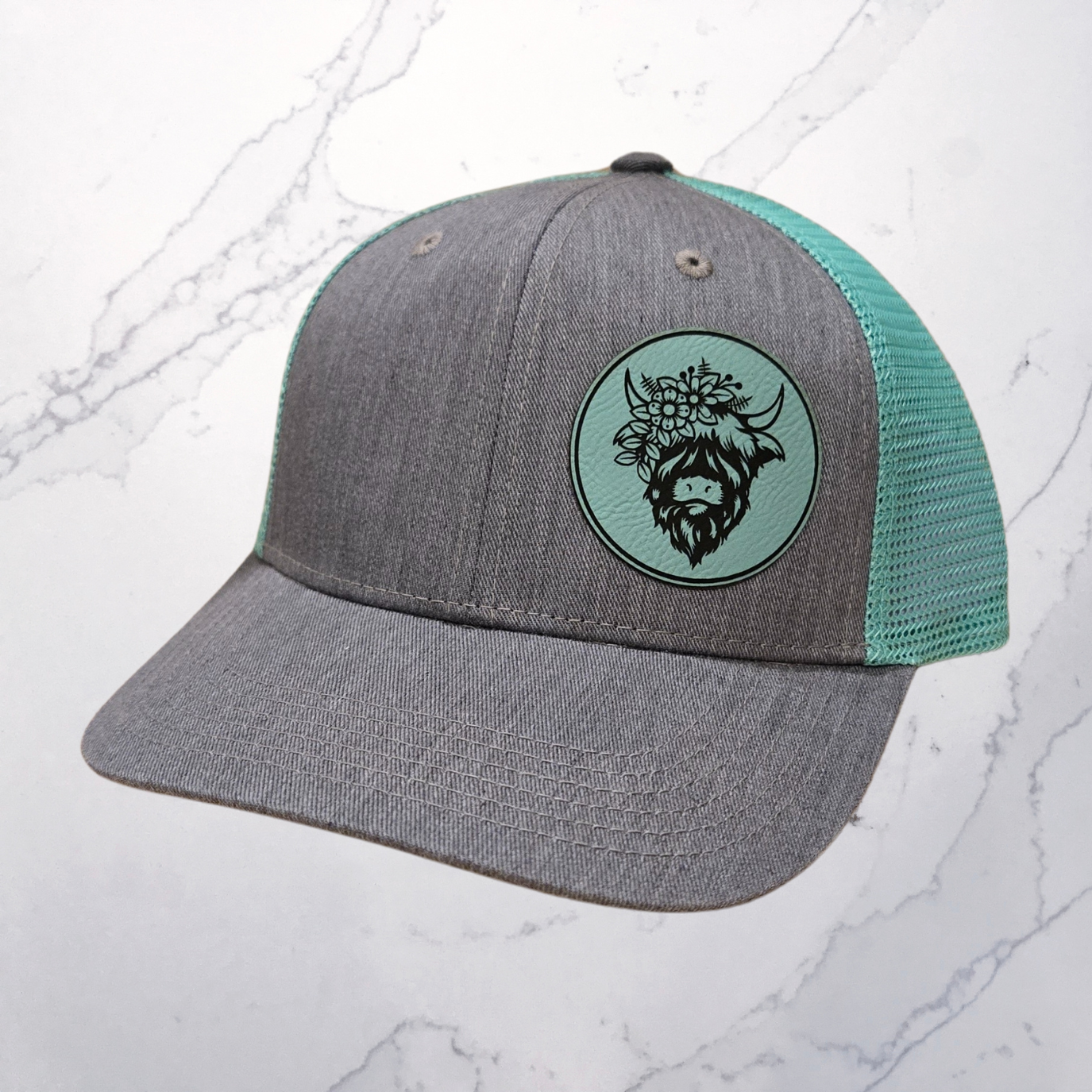 Heather Grey/Teal 6 Panel Trucker Hat with Teal Highland Cow Patch