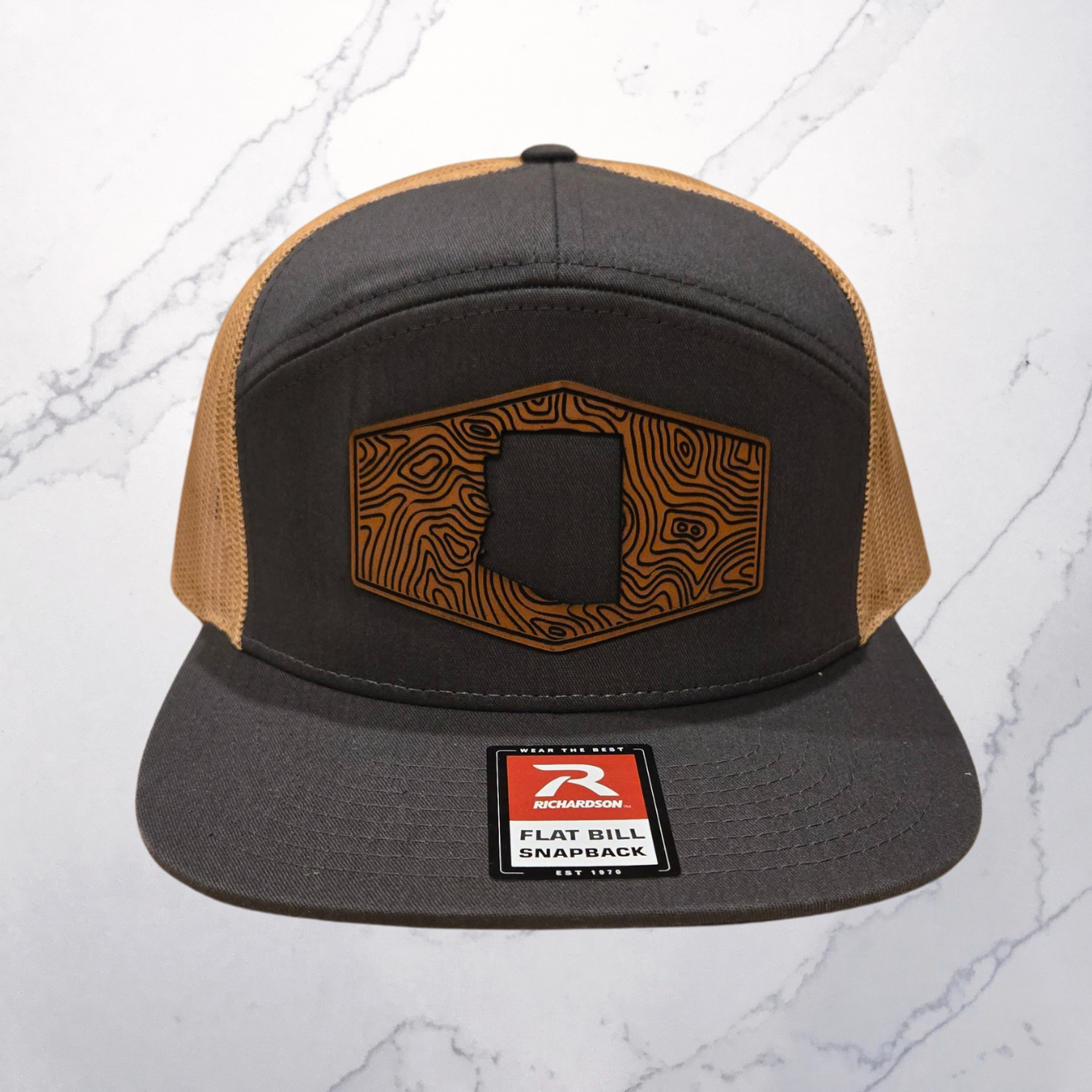 Richardson 7 panel trucker hat Charcoal/Vegas Gold with Geo lines and AZ state shape