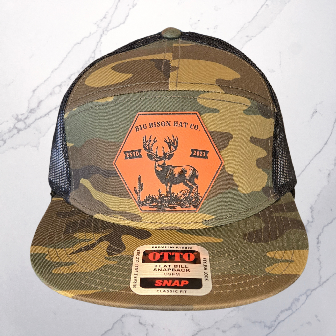 OTTO 7 panel Mesh Back Trucker Snapback Camo Hat Engraved With a Desert Mule Deer on a Orange Patch