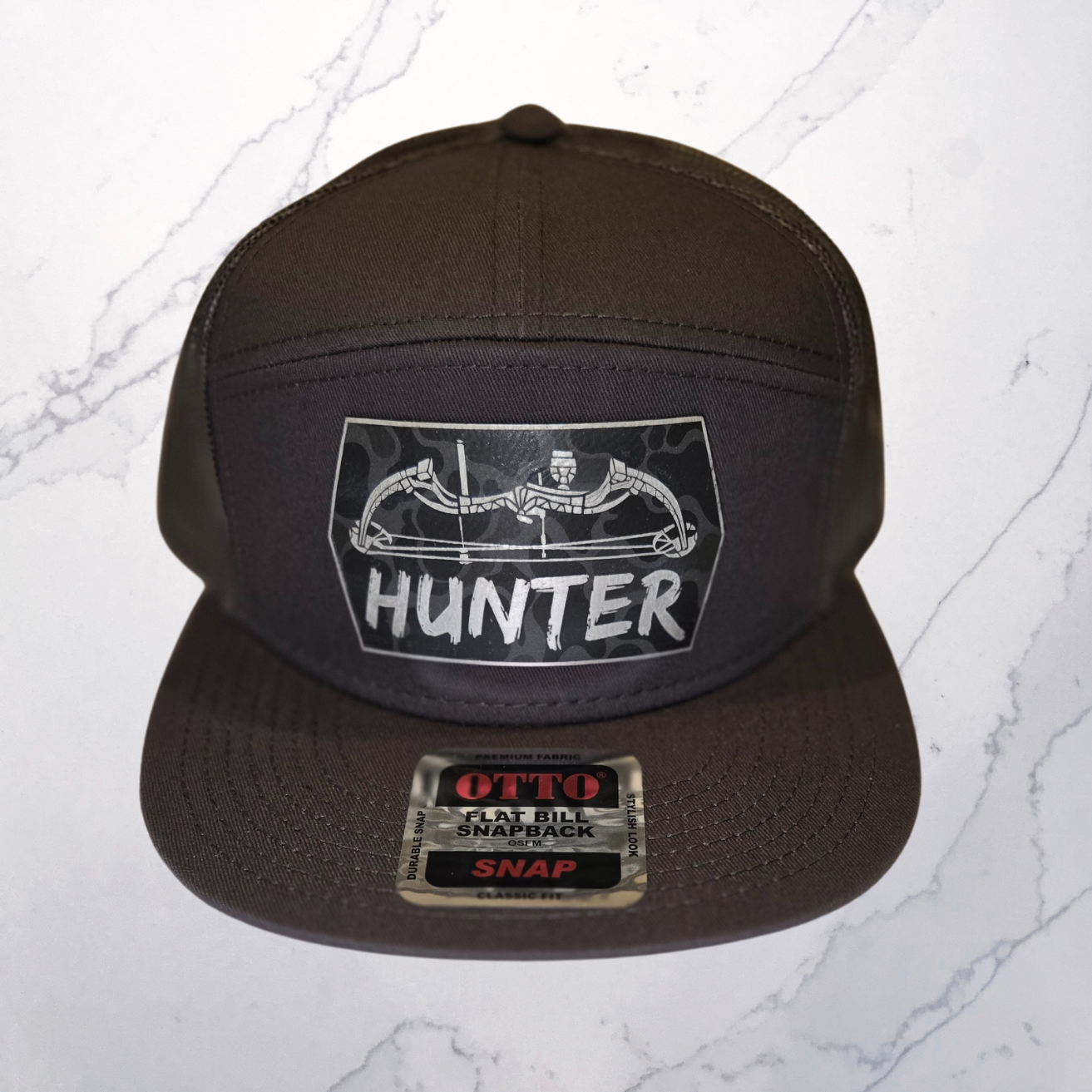 OTTO 7 Panel Mesh Back Trucker Snapback Hat With a Bow Hunter Patch