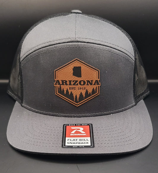 7 PANEL FLAT BILL TRUCKER HAT WITH HEXAGON ARIZONA PATCH (CHARCOAL/BLACK)