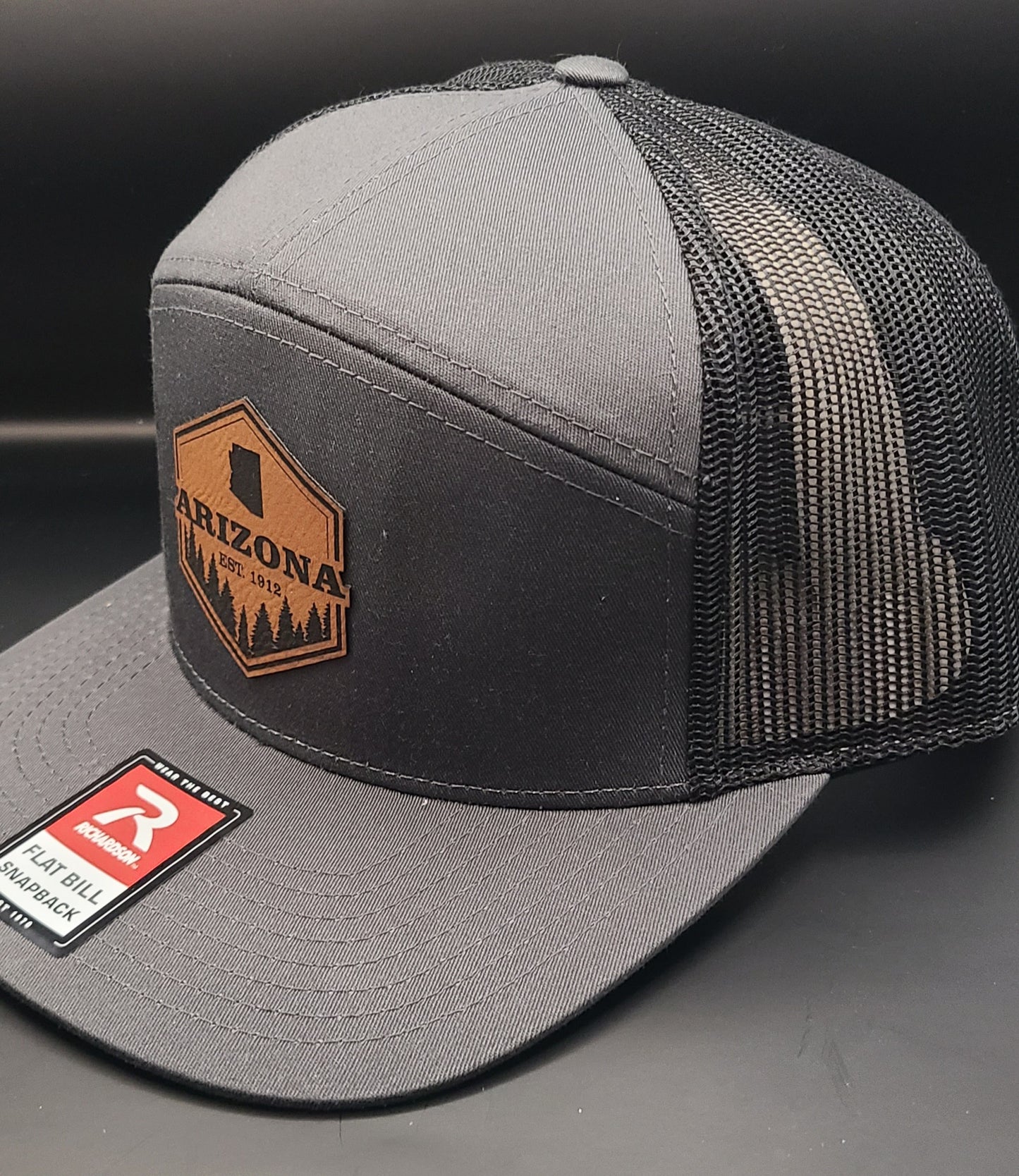 7 PANEL FLAT BILL TRUCKER HAT WITH HEXAGON ARIZONA PATCH (CHARCOAL/BLACK)